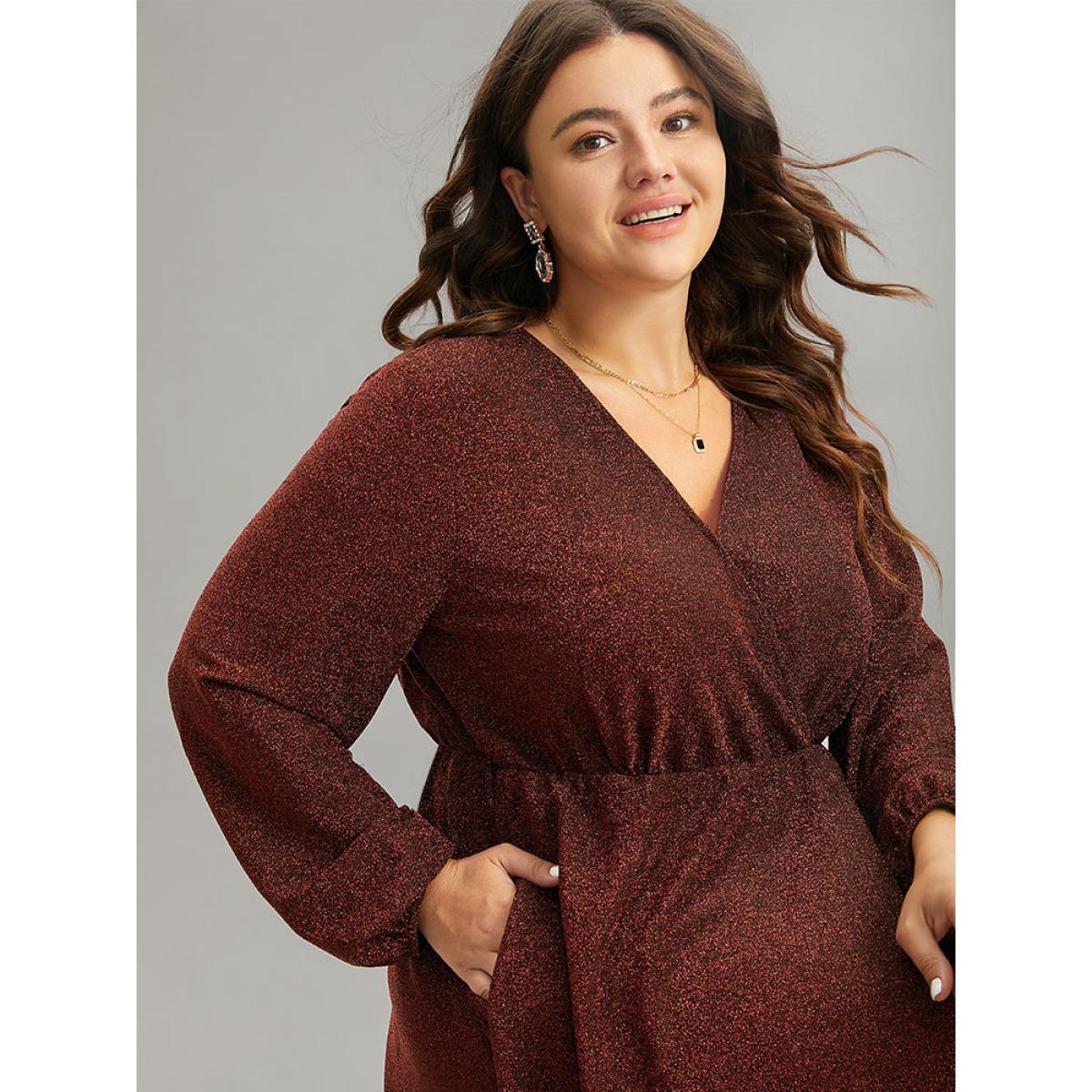 Plus Size Luxe Overlap Collar Gathered Split Hem Dress Scarlet Women Glamour Elastic cuffs Overlap Collar Long Sleeve Curvy Midi Dress BloomChic 28/5X Product Image