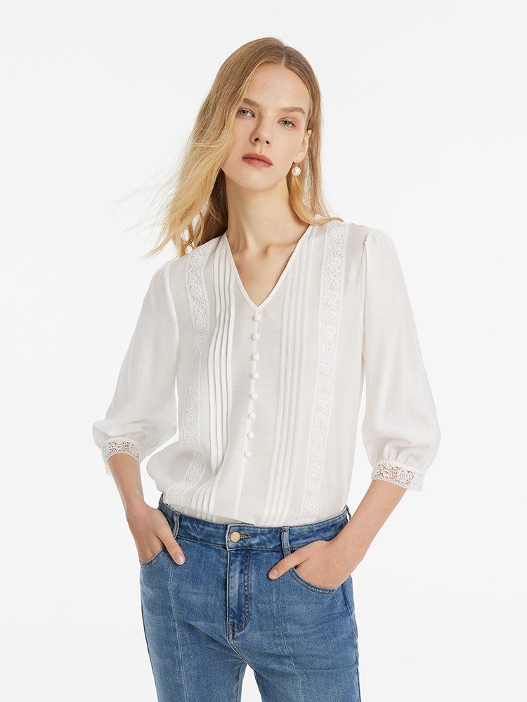 Acetate V-Neck Lace Trim Women Blouse Product Image
