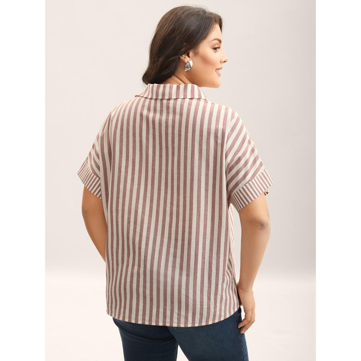Plus Size Russet Cotton Striped Dolman Sleeve Blouse Women Office Short sleeve Shirt collar Office Blouses BloomChic 22-24/3X Product Image