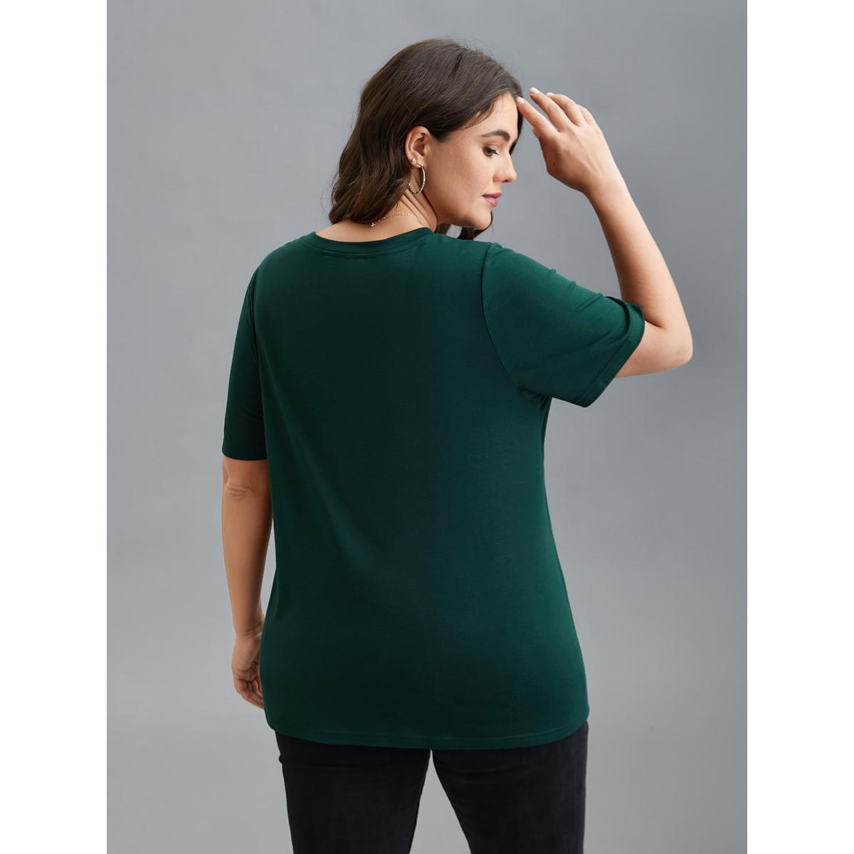 Plus Size Floral Motif Round Neck Fitted T-Shirt DarkGreen Women Casual Non Natural Flowers Round Neck Everyday T-shirts BloomChic 14-16/1X Product Image