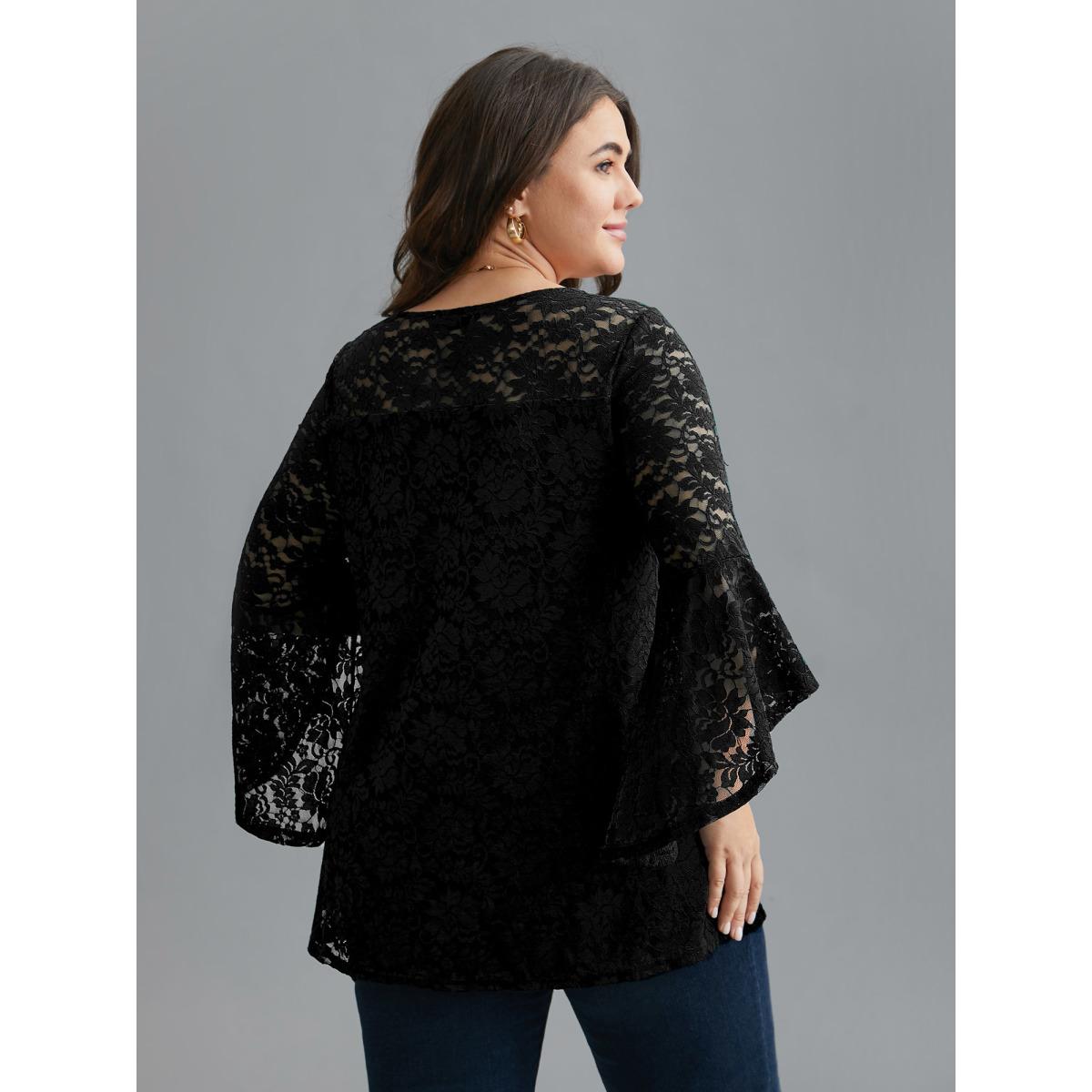 Plus Size Black Sheer Lace Irregular Sleeve Lined Shirt Women Elegant Long Sleeve Round Neck Everyday Blouses BloomChic 18-20/2X Product Image