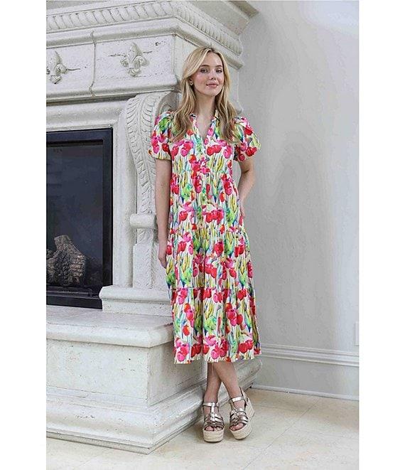 APNY Floral Print V-Neck Short Puff Sleeve Midi Shirt Dress Product Image
