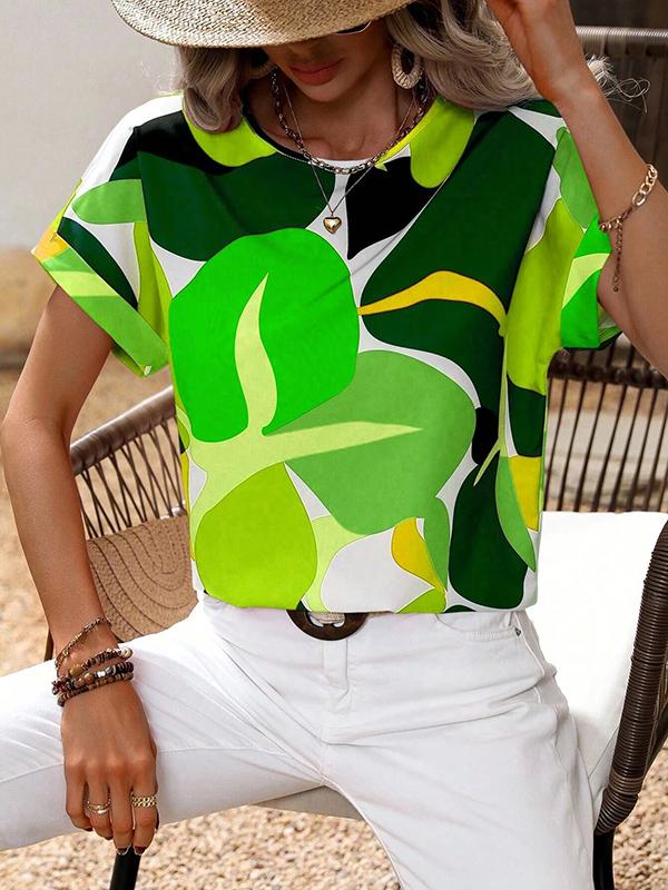 Loose Short Sleeves Contrast Color Hollow Printed Split-Joint Round-neck T-Shirts Tops Product Image