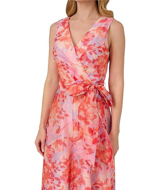 Adrianna Papell V-neck Sleeveless Tie Waist Floral Organza Jumpsuit Product Image