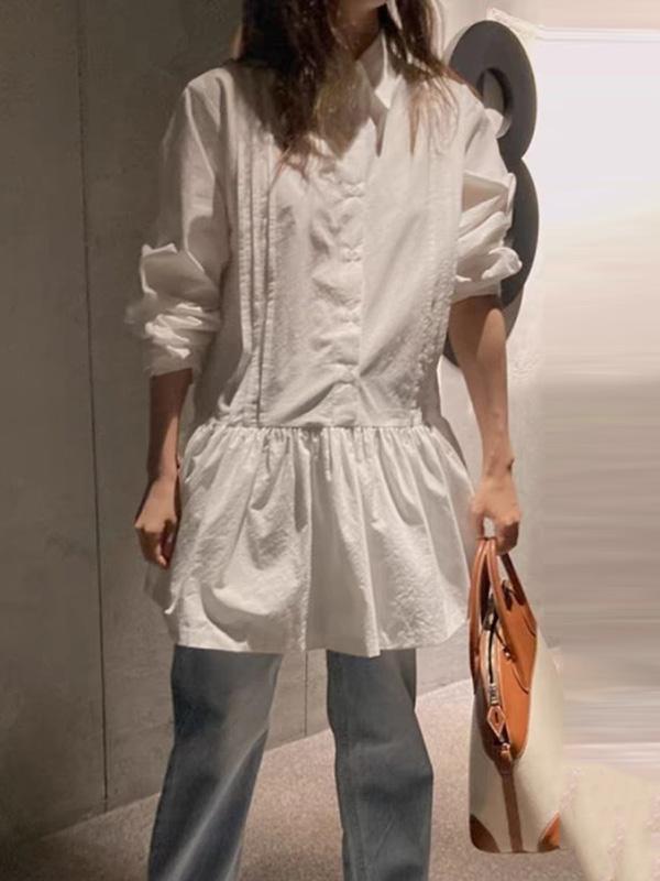 A-Line Long Sleeves Buttoned Pleated Solid Color Lapel Mini Dresses Shirt Dress Product Image