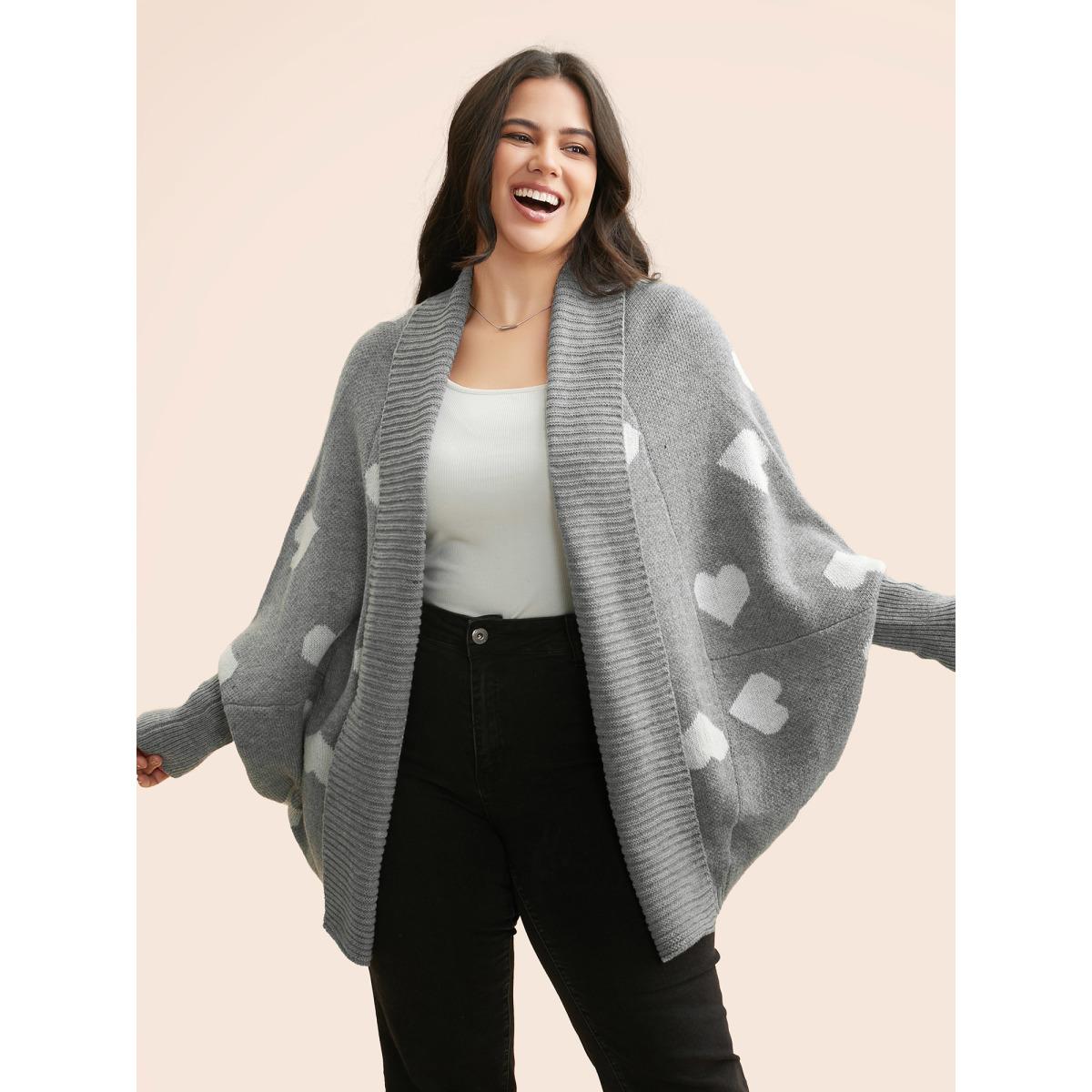 Plus Size Lapel Collar Heart Shaped Cardigan Mediumgray Women Casual Oversized Long Sleeve Everyday Cardigans BloomChic 18-20/2X Product Image