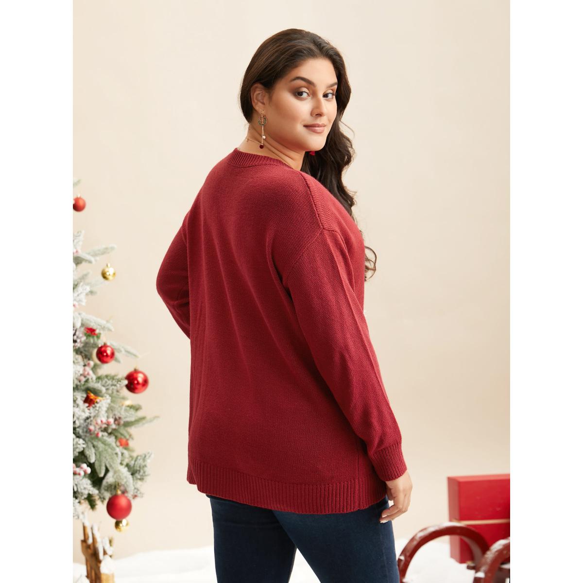 Plus Size Fuzzy Reindeer Motif Crew-Neck Pullover Scarlet Women Casual Loose Long Sleeve Round Neck Everyday Pullovers BloomChic 14-16/1X Product Image