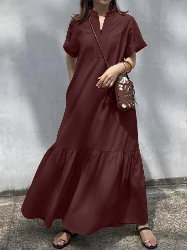A-Line Loose Solid Color Split-Joint V-Neck Maxi Dresses Product Image