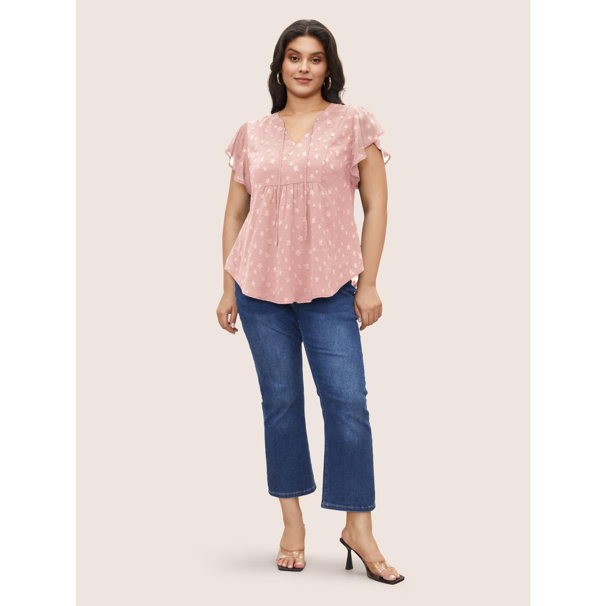 Plus Size Dirtypink Star Mesh Gathered Ruffle Sleeve Blouse Women Elegant Cap Sleeve V-neck Everyday Blouses BloomChic 18-20/2X Product Image