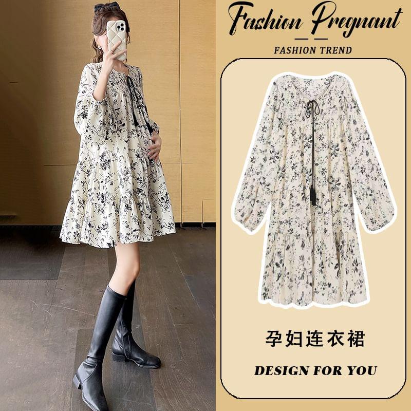 Maternity Long-Sleeve Round Neck Floral Print Tie Front Shirred Mini A-Line Dress Product Image