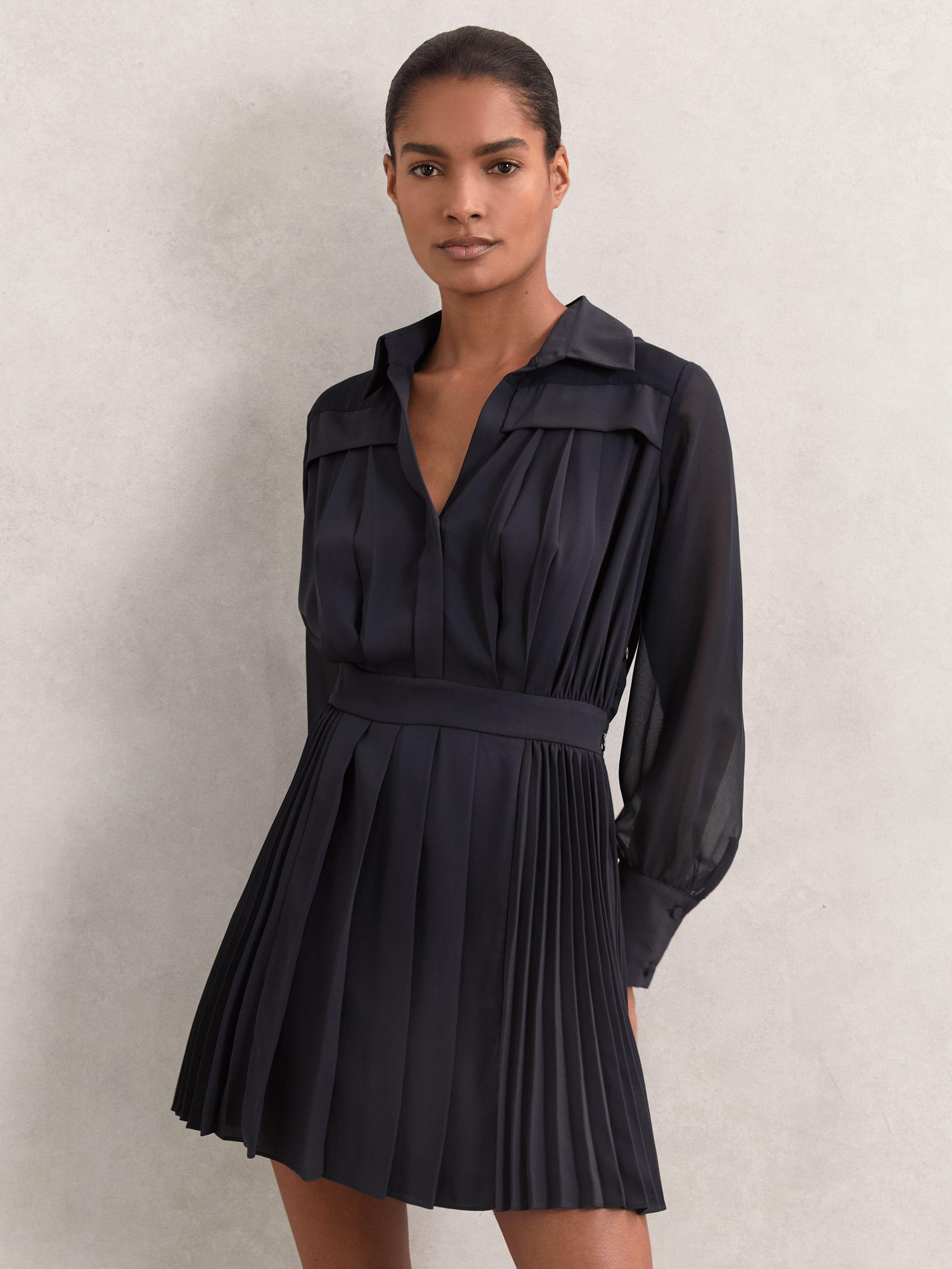 Pleated Sheer-Sleeve Mini Dress in Navy Product Image