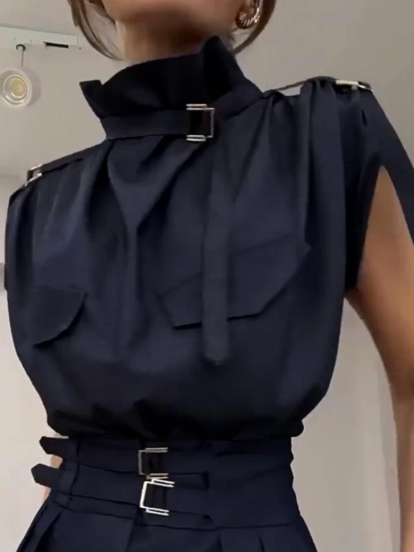 Loose Sleeveless Buckle Solid Color Stand Collar Blouses&Shirts Tops Product Image