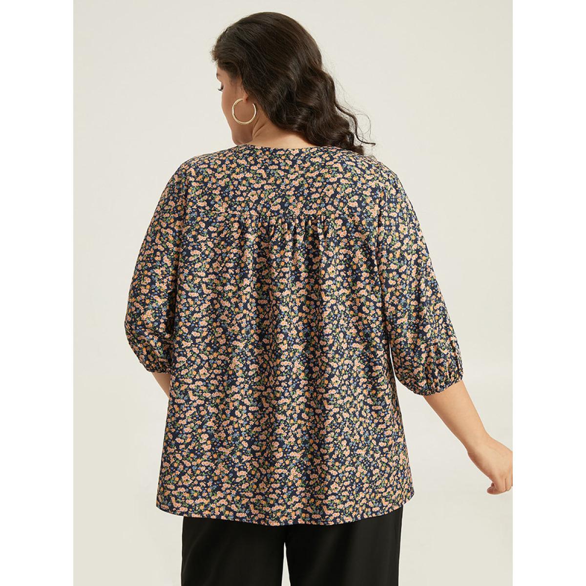 Plus Size Multicolor Ditsy Floral Notched Elastic Cuffs Blouse Women Elegant Elbow-length sleeve V-neck Dailywear Blouses BloomChic 12/L Product Image