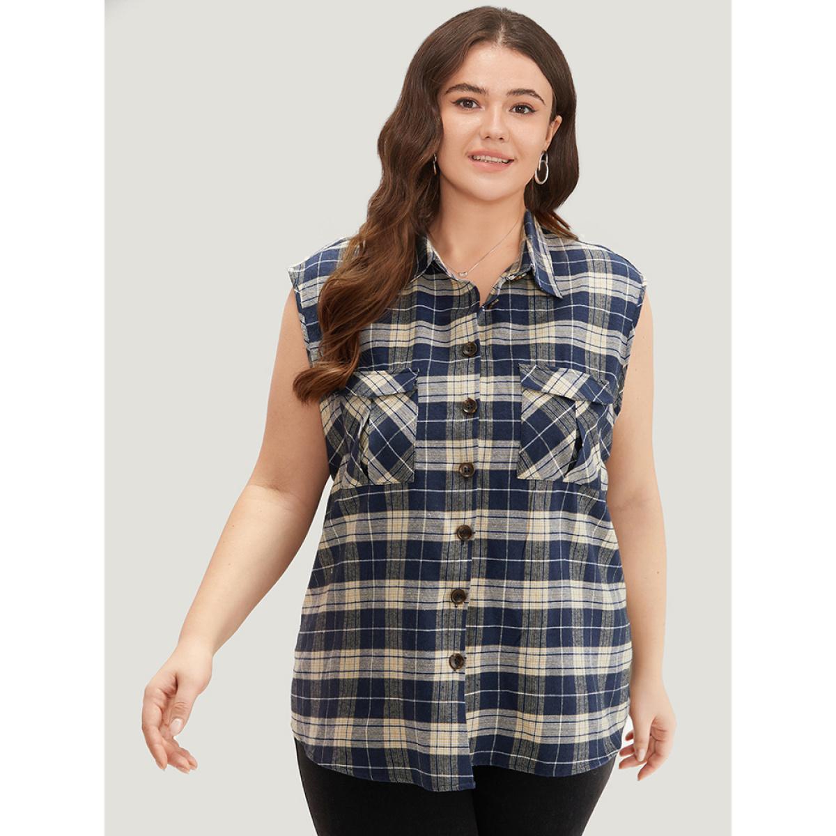 Plus Size Plaid Flap Pocket Button Up Sleeveless Jacket Women Aegean Casual Button Ladies Dailywear Winter Coats BloomChic 14-16/1X Product Image