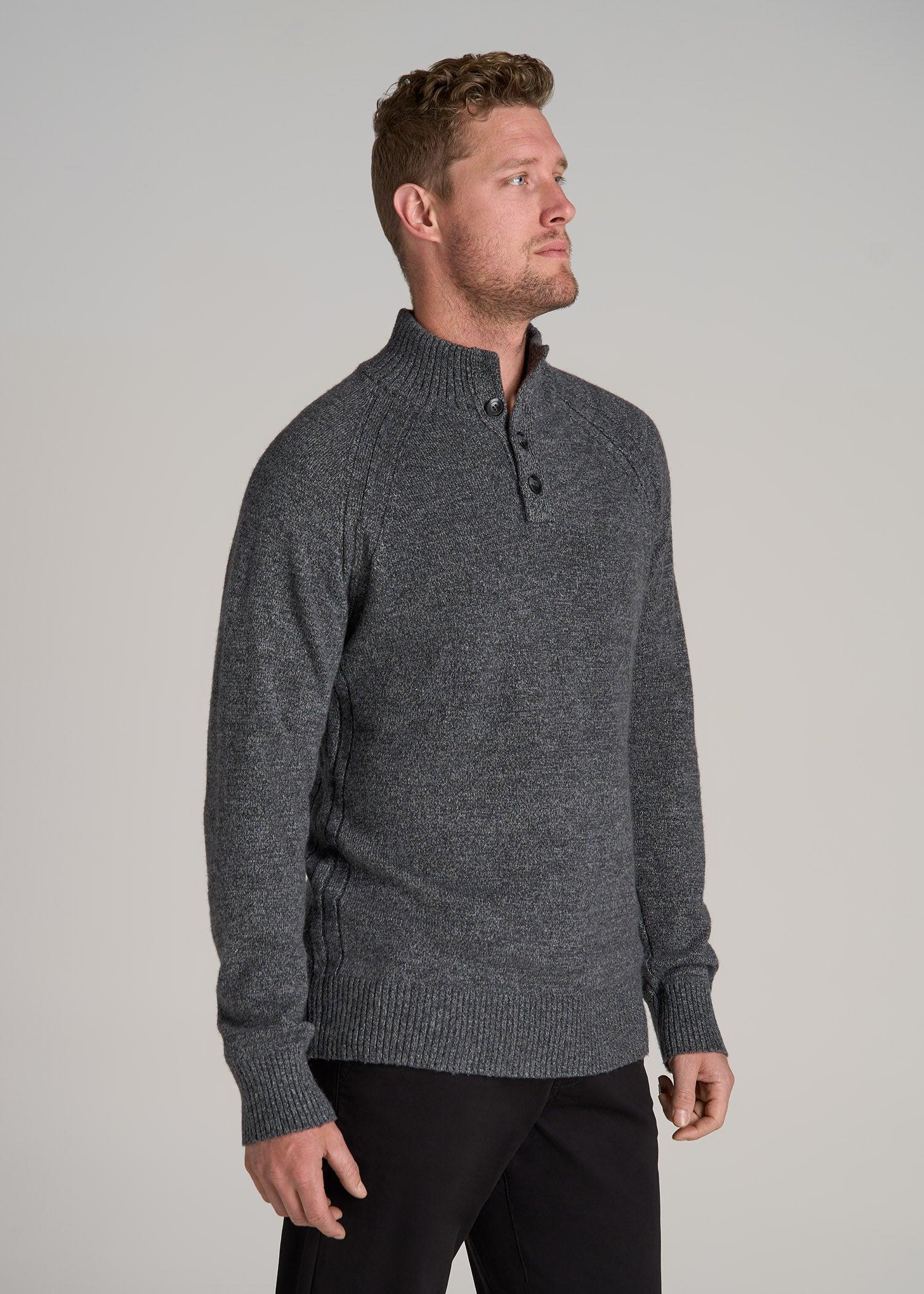 Three-Button Mock Neck Sweater for Tall Men in Grey Marl Male Product Image
