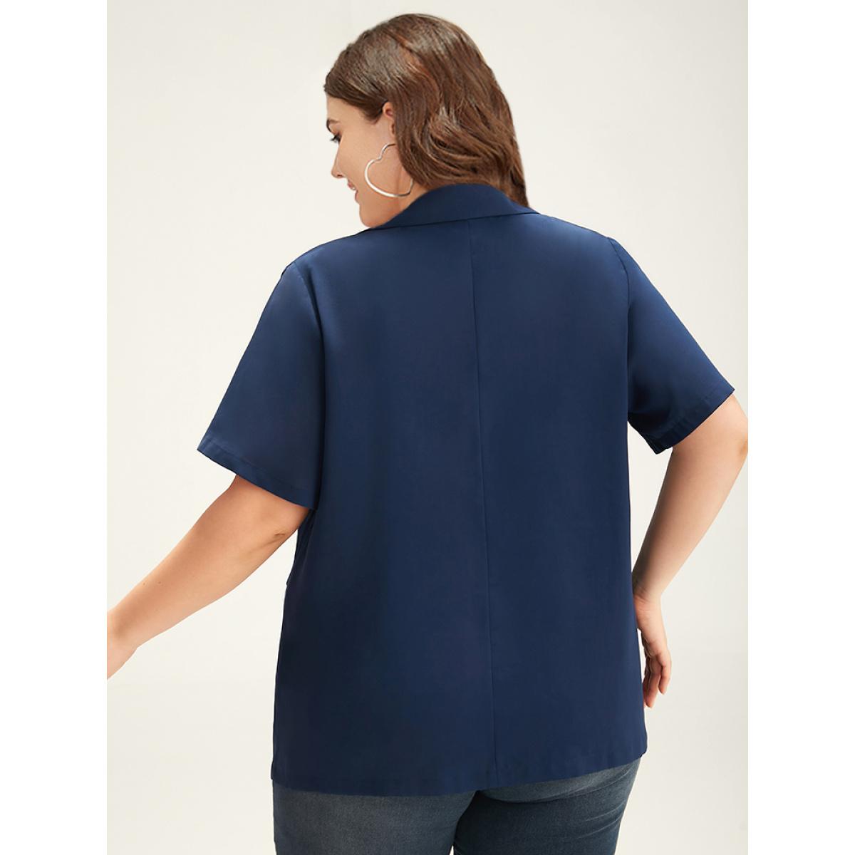 Plus Size Plain Button Through Flap Pocket Suit Collar Blazer Indigo Women Dailywear Plain Drape Sleeve Short sleeve Lapel Collar 14-16/1X Pocket Casual Blazers BloomChic Product Image