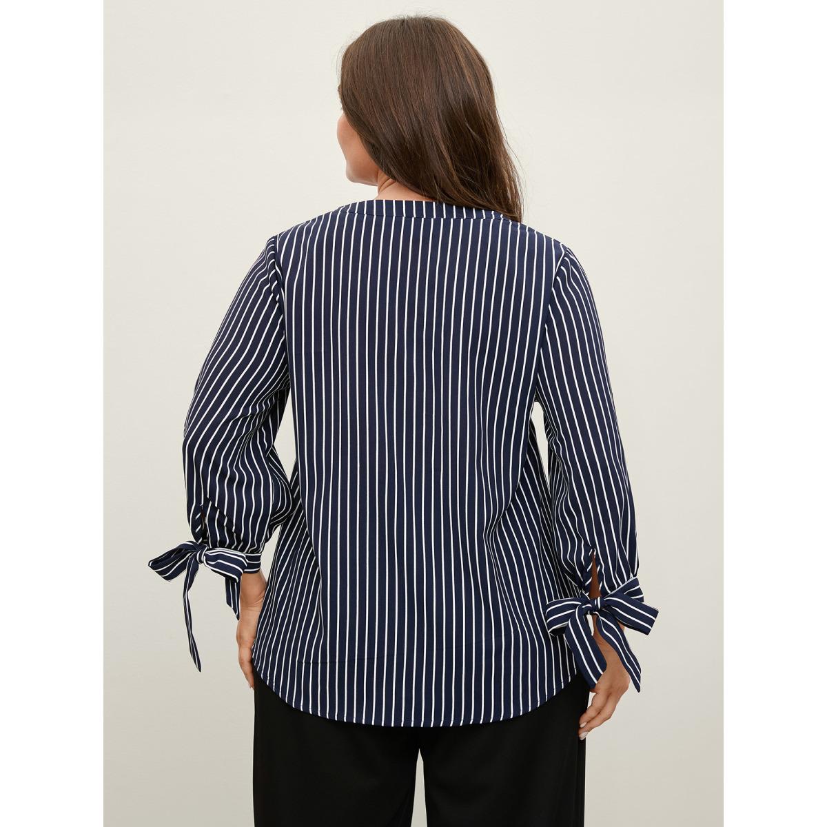 Plus Size DarkBlue Striped Notched Collar Sleeve Tie Blouse Women Three Quater Length Sleeve Flat collar with V-notch Work Blouses BloomChic 12/L Product Image