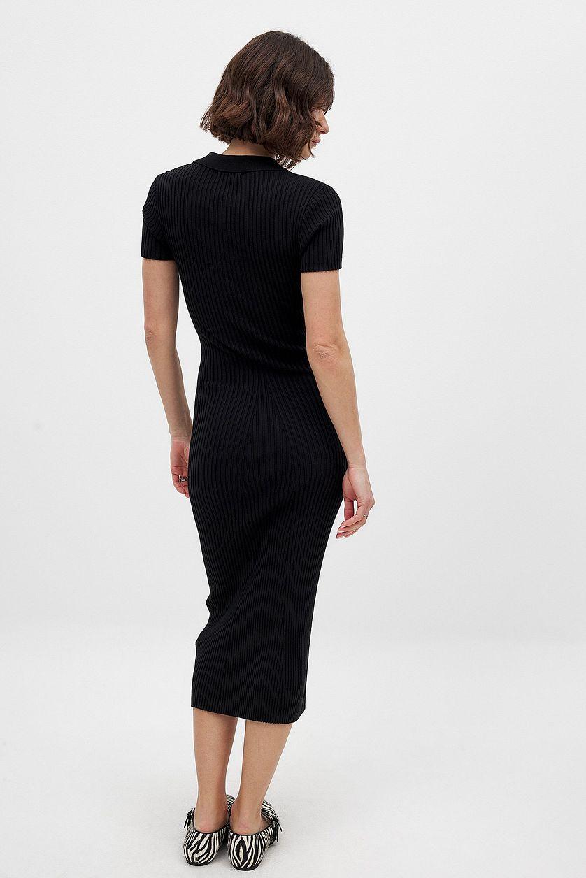 Knitted Short Sleeve Button Dress Black Product Image