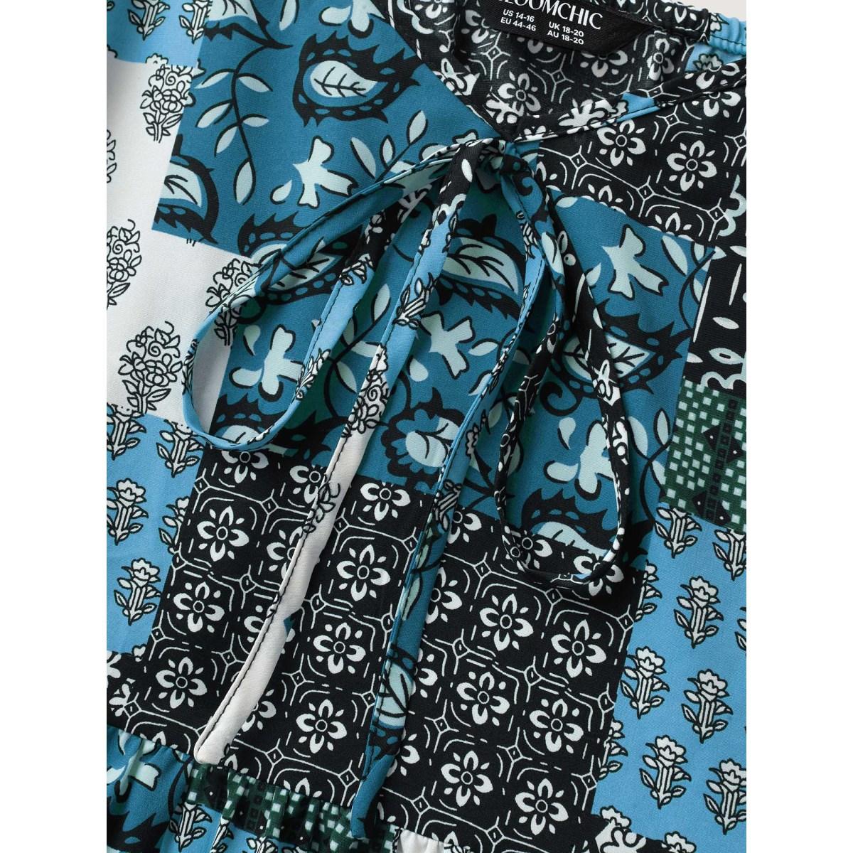 Plus Size Boho Floral Collage Stretchy Waist Midi Dress Multicolor Women Tie knot Non Sleeveless Curvy BloomChic 30/6X Product Image