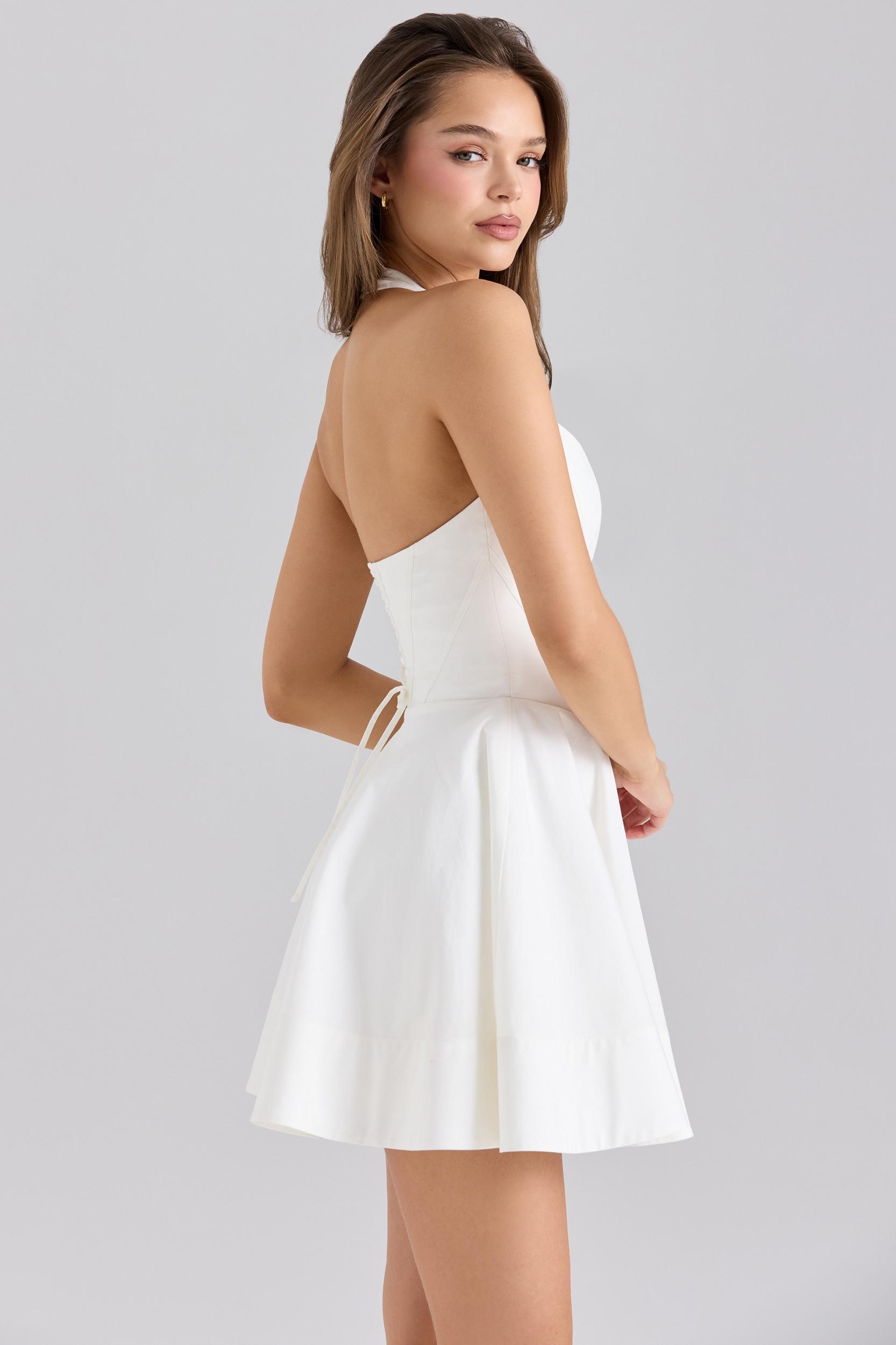 Sasha  white stretch cotton halter neck mini dress Product Image