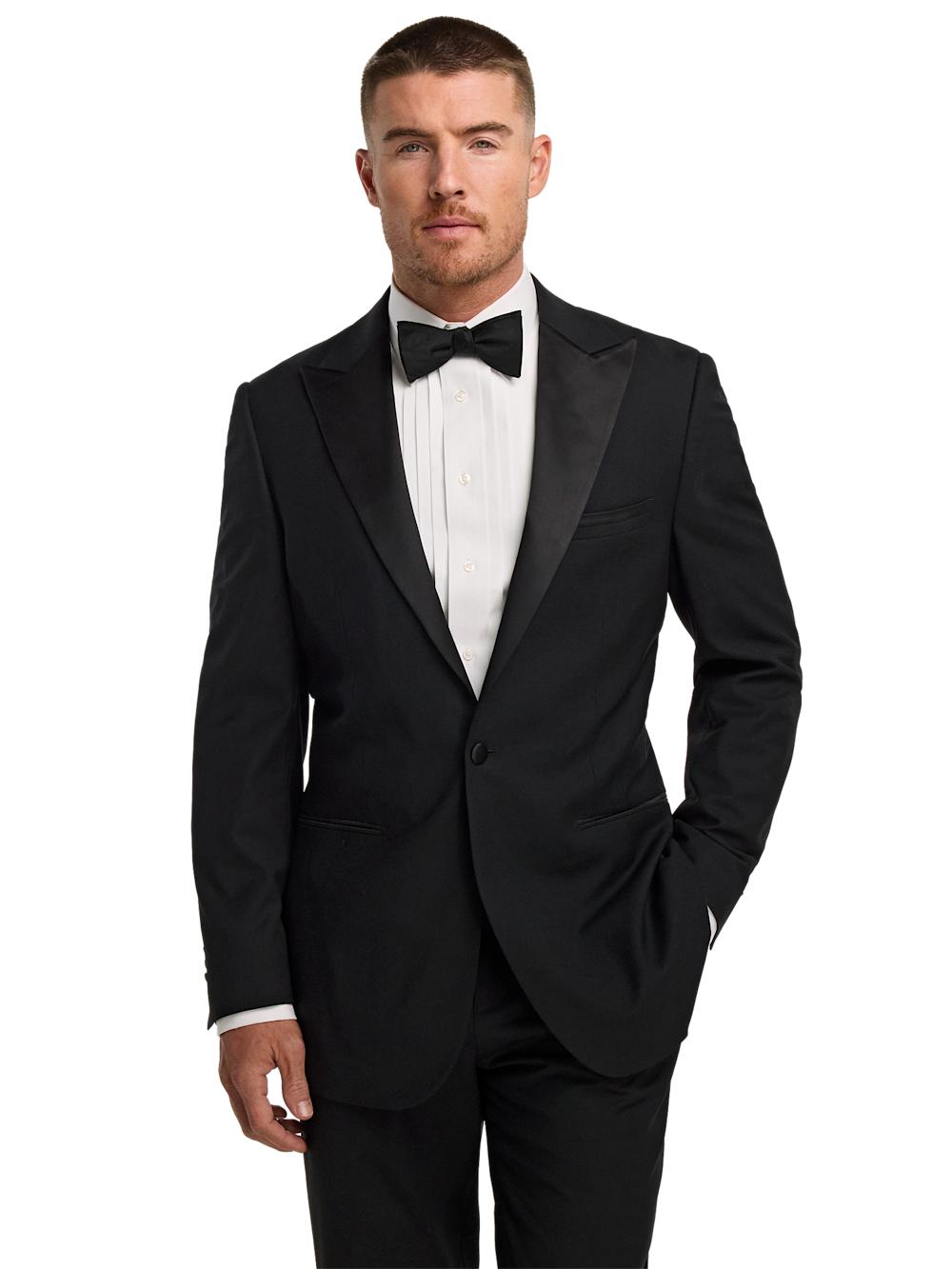 Wool Stretch Single Breasted Peak Lapel Tuxedo Jacket - Black Product Image