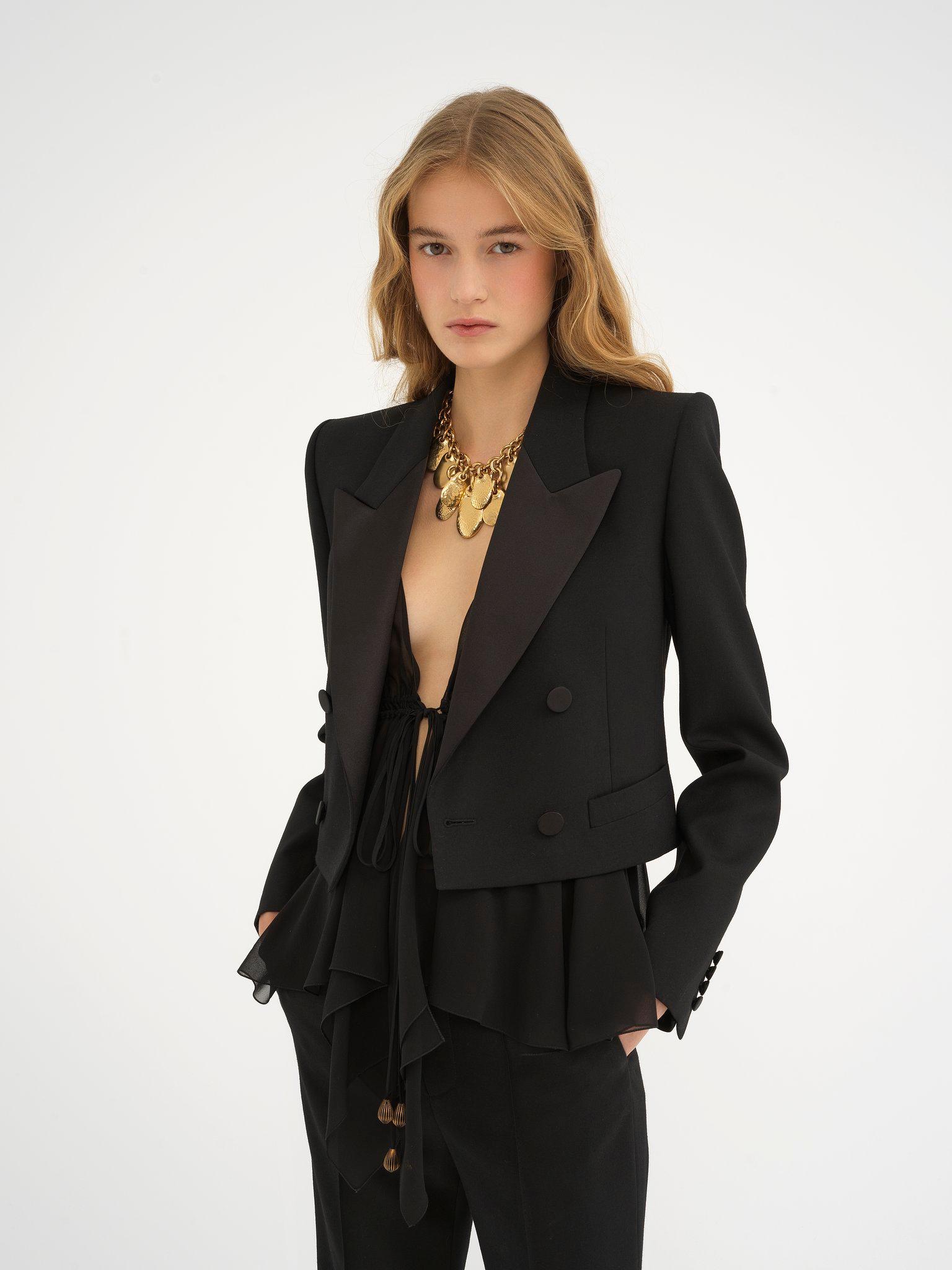 Cropped tuxedo jacket in wool gabardine Product Image