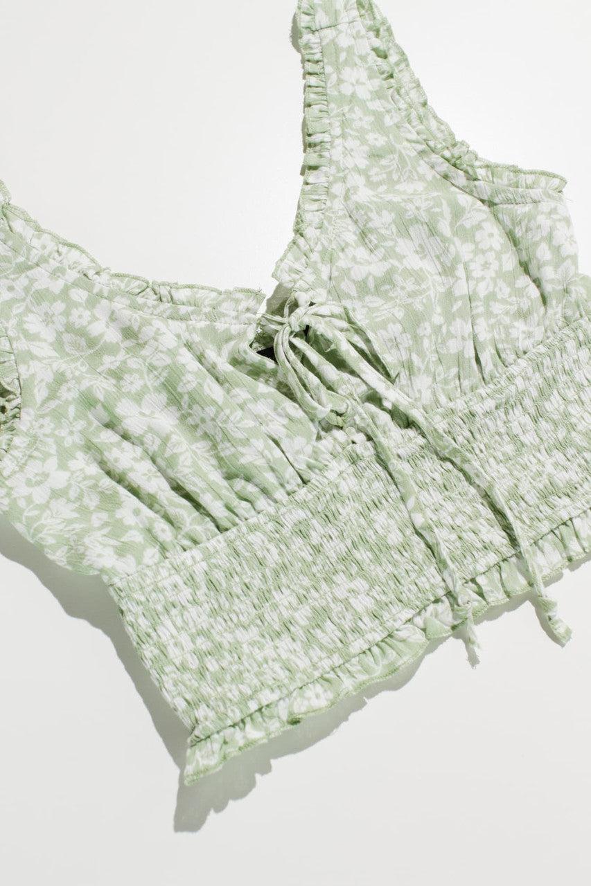 Green Gauze Floral Smock Waist Top Product Image