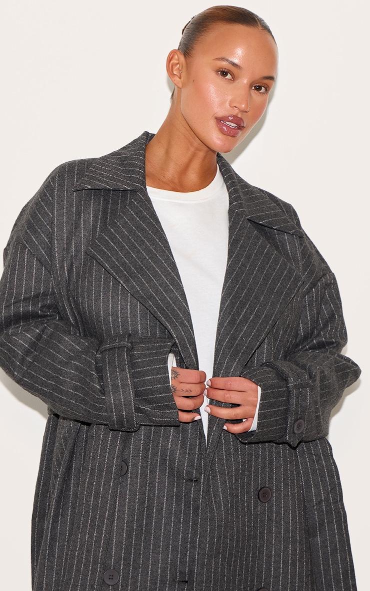 Plus Charcoal Pinstripe Wool Look Double Breasted Belted Coat Product Image