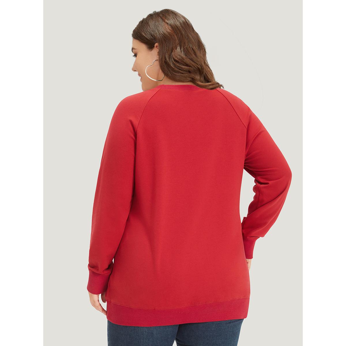 Plus Size Letter Print Round Neck Raglan Sleeve Sweatshirt Women Red Casual Elastic cuffs Everyday Sweatshirts BloomChic 10/M Product Image