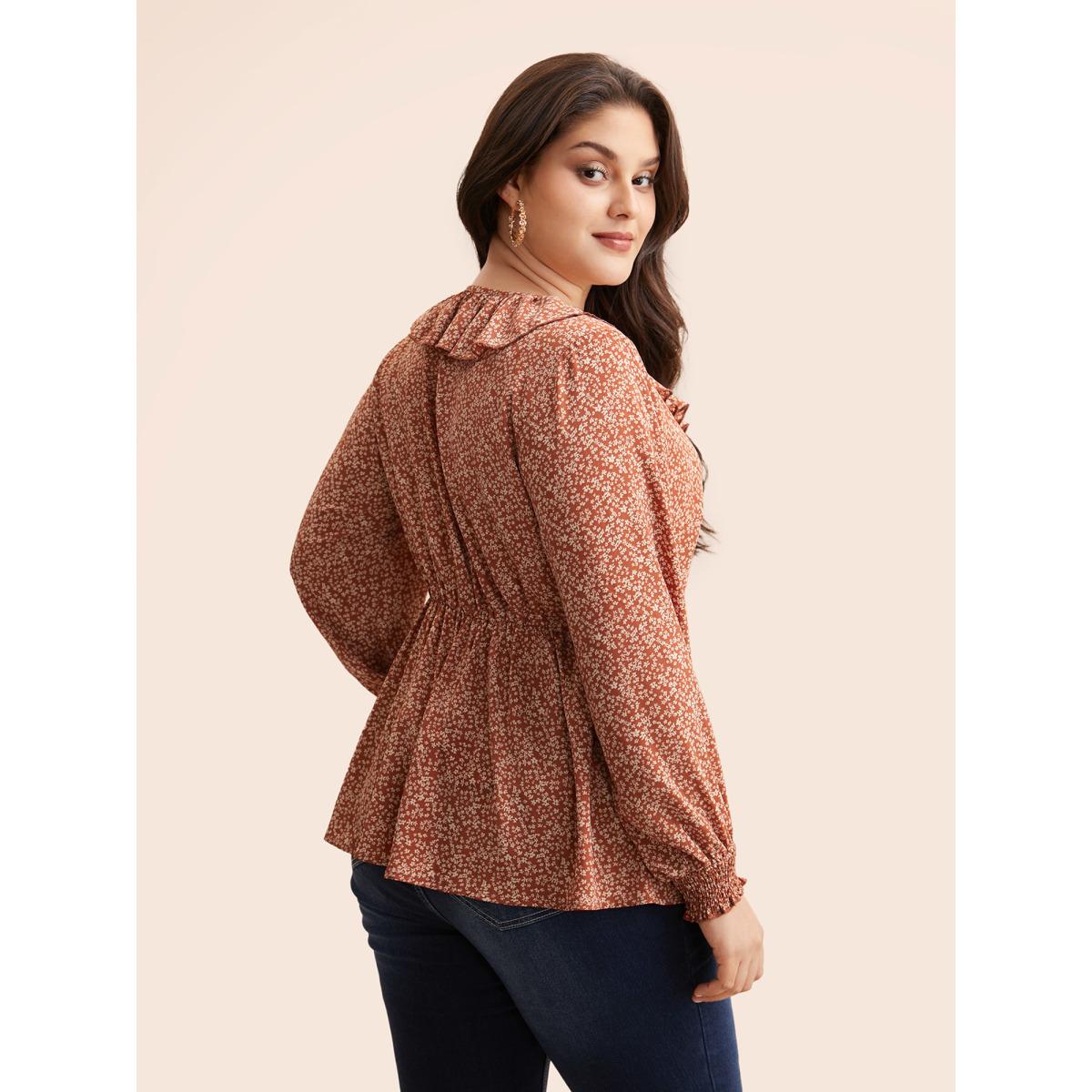 Plus Size Rust Ditsy Floral Ruffle Trim Shirred Blouse Women Elegant Long Sleeve V-neck Everyday Blouses BloomChic 12/L Product Image