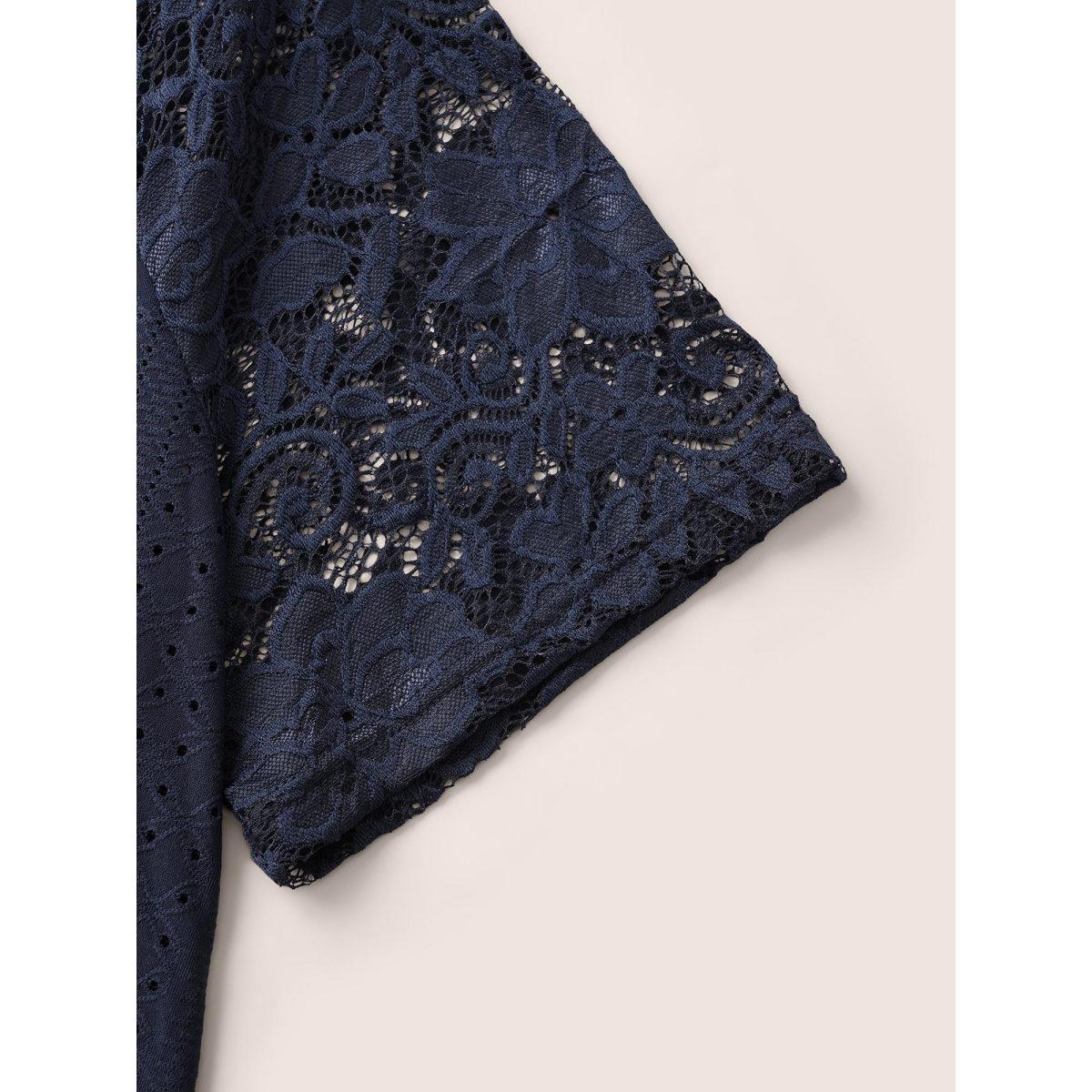 Plus Size Solid Broderie Anglaise Lace Raglan Sleeve T-shirt Midnight Women Elegant See through Plain Round Neck Everyday T-shirts BloomChic 18-20/2X Product Image