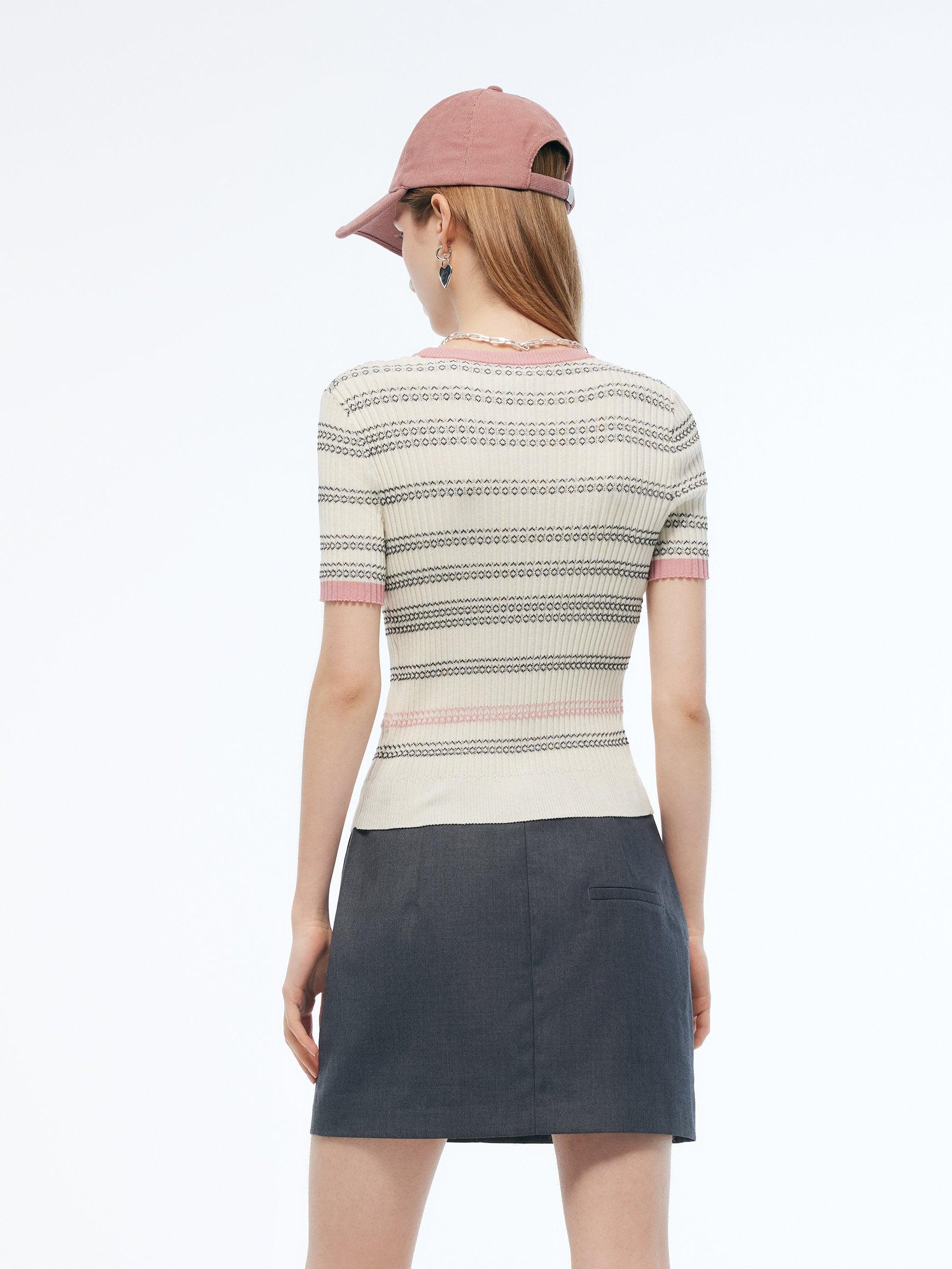 Tencel Blend Color Block Stripe Women Knit Top Product Image