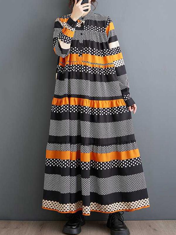 A-Line Long Sleeves Buttoned Polka-Dot Split-Joint Round-Neck Midi Dresses Product Image