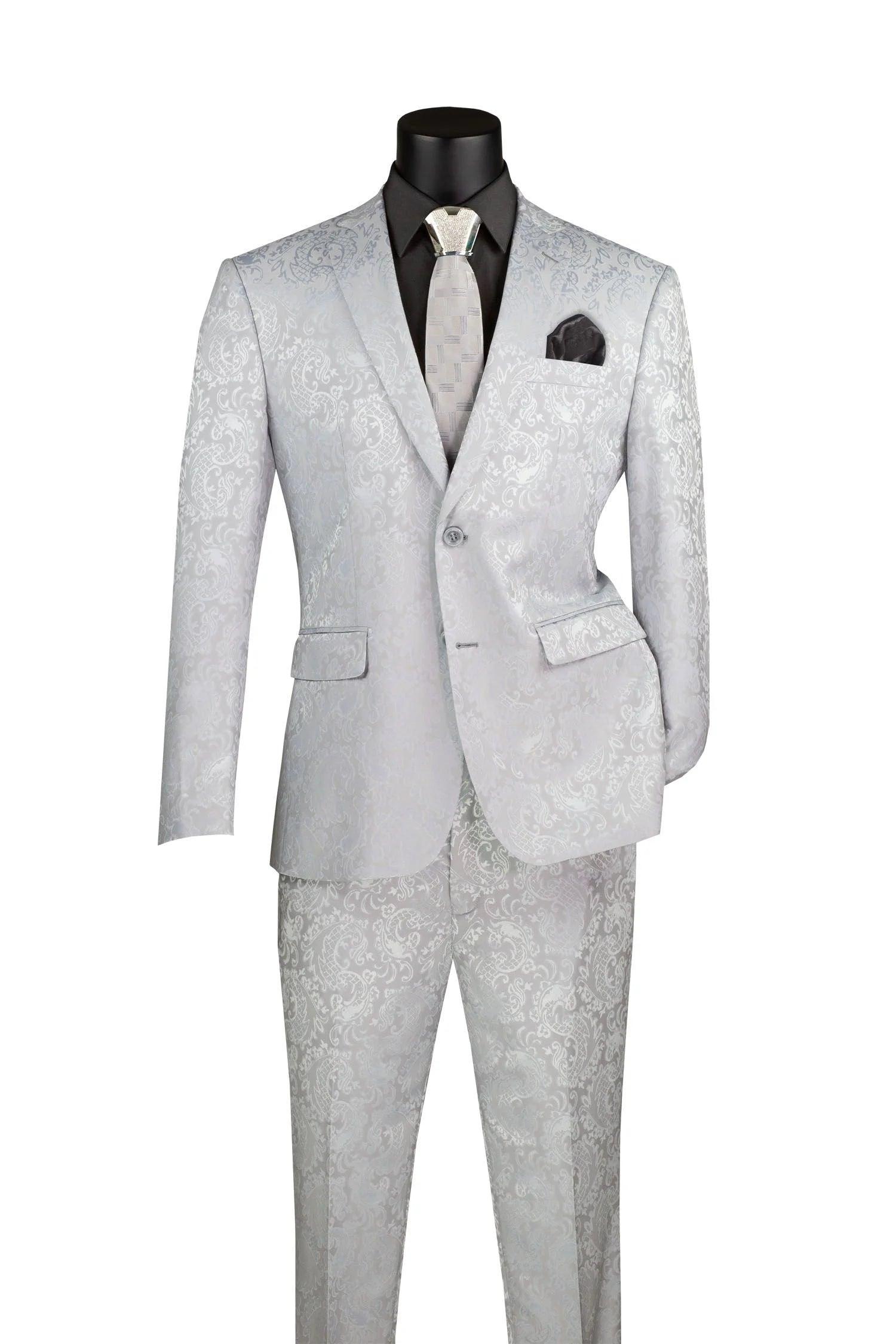 Silver Tone on Tone Paisley Pattern Slim Fit Men's 2 Piece Suit 2 Button Male Product Image