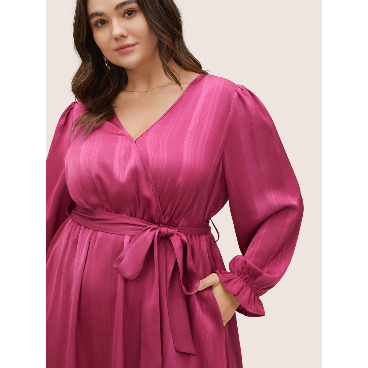 Plus Size Striped Elastic Waist Wrap Belted Gathered Dress RedViolet Women Elegant Non Overlap Collar Long Sleeve Curvy Midi Dress BloomChic 12/L Product Image