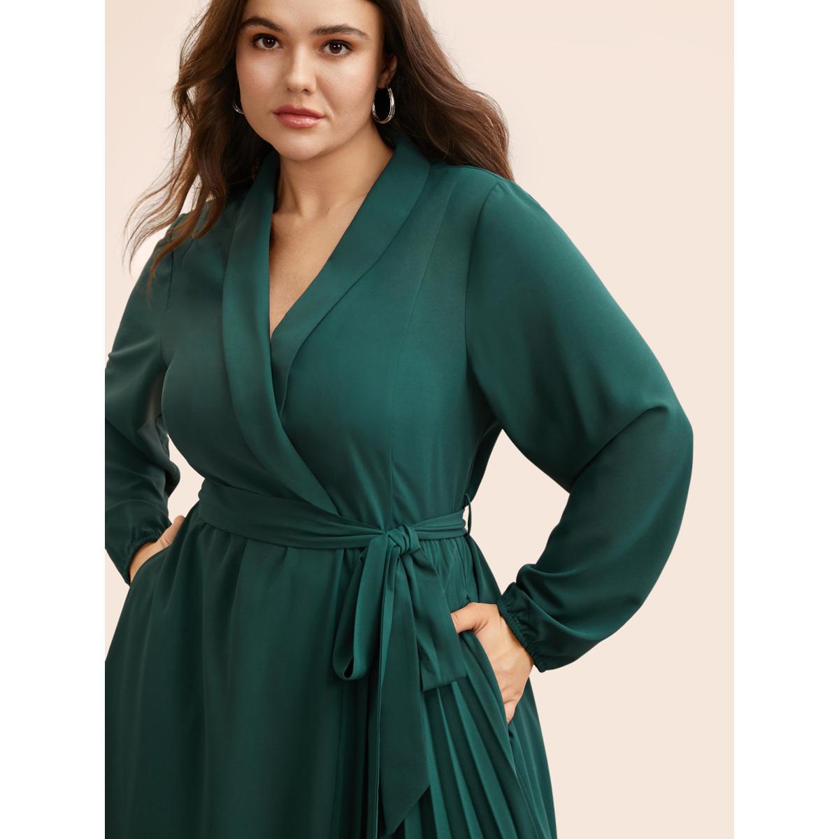 Plus Size Suit Collar Pleated Belted Midi Dress DarkGreen Women At the Office Belted Suit Collar Long Sleeve Curvy BloomChic 12/L Product Image