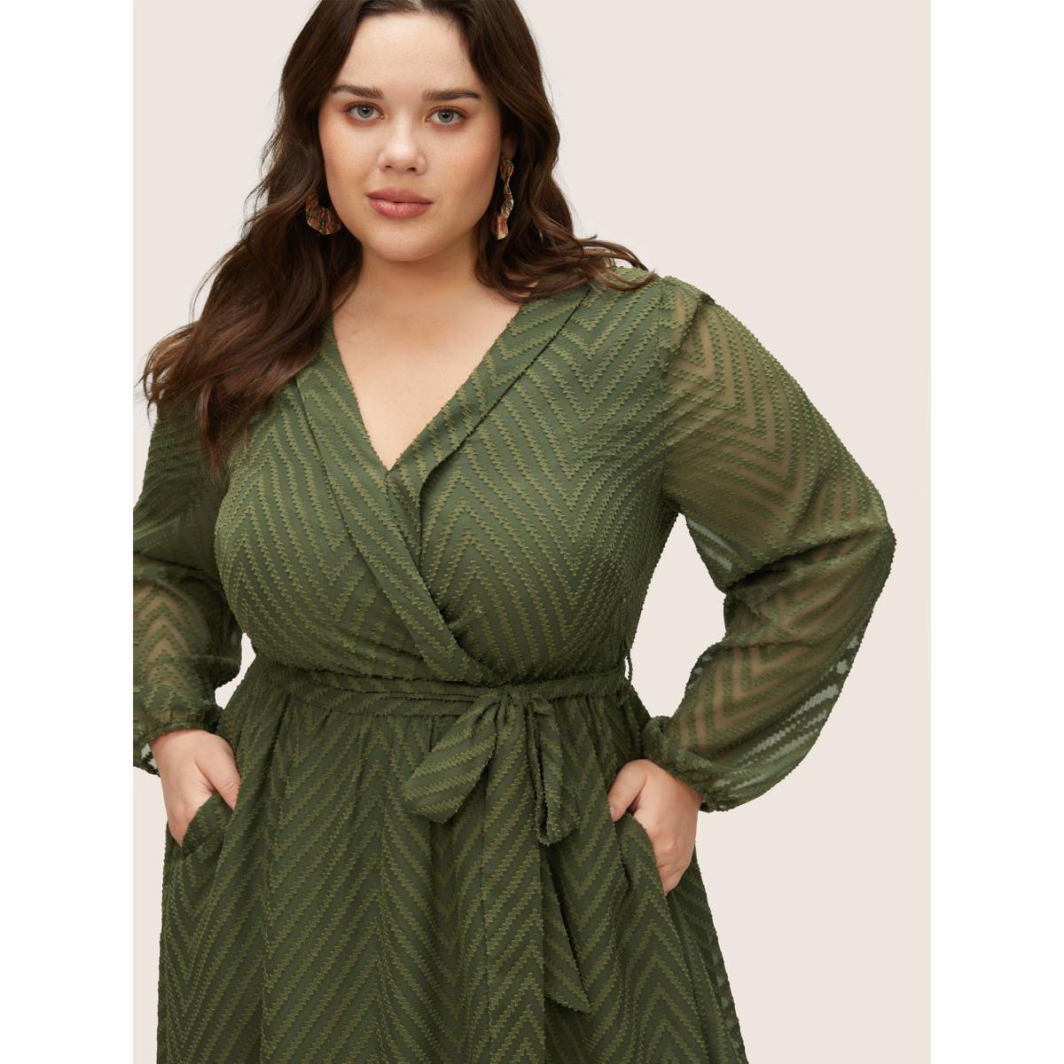 Plus Size Plisse Belted Mesh Overlap Collar Dress ArmyGreen Women At the Office Non Overlap Collar Long Sleeve Curvy Midi Dress BloomChic 10/M Product Image