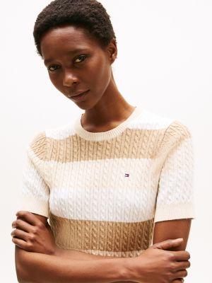 Short-Sleeve Stripe Cable Knit Sweater Product Image