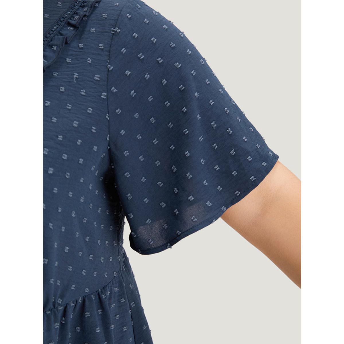 Plus Size Indigo Plain Texture V Neck Lace Patchwork Frill Trim Blouse Women Elegant Short sleeve V-neck Dailywear Blouses BloomChic 30/6X Product Image