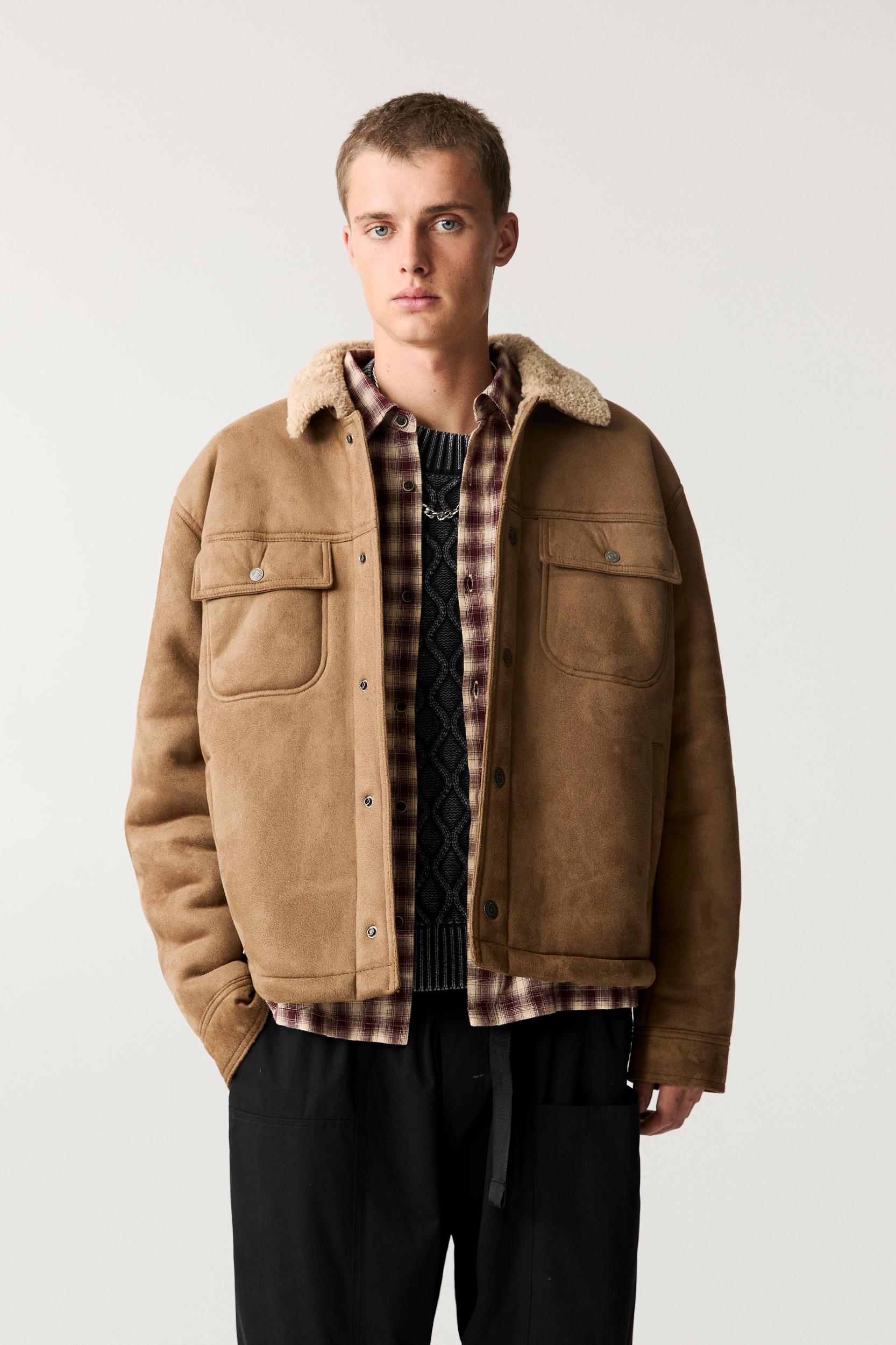 Faux suede jacket with faux shearling collar Product Image