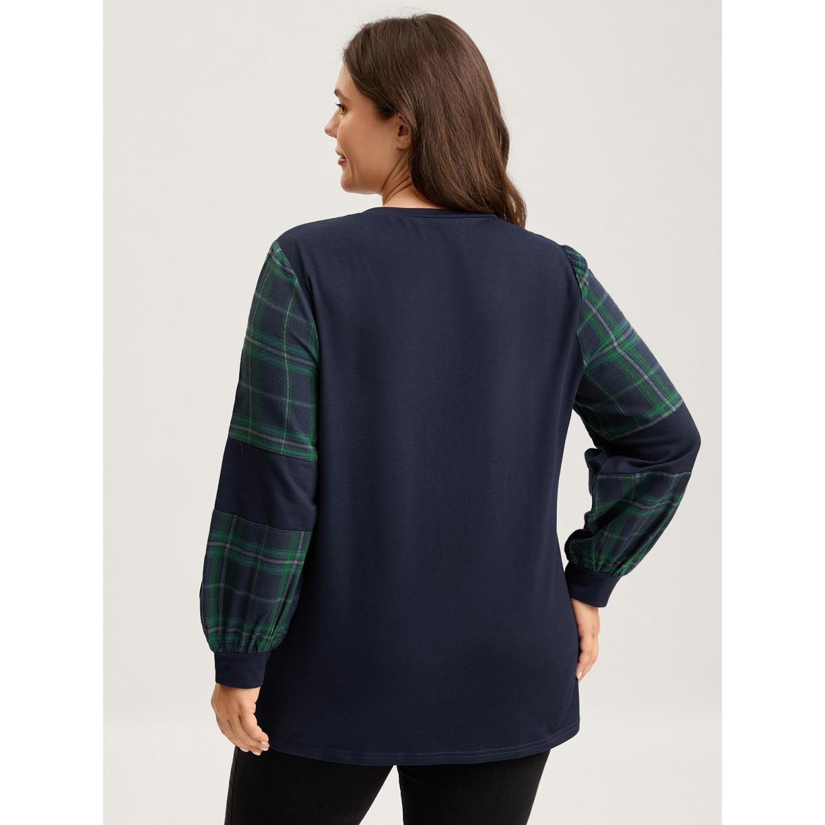 Plus Size Plaid Sleeve Color Contrast Sweatshirt Women Indigo Contrast Loose V-neck Casual Sweatshirts BloomChic 18-20/2X Product Image