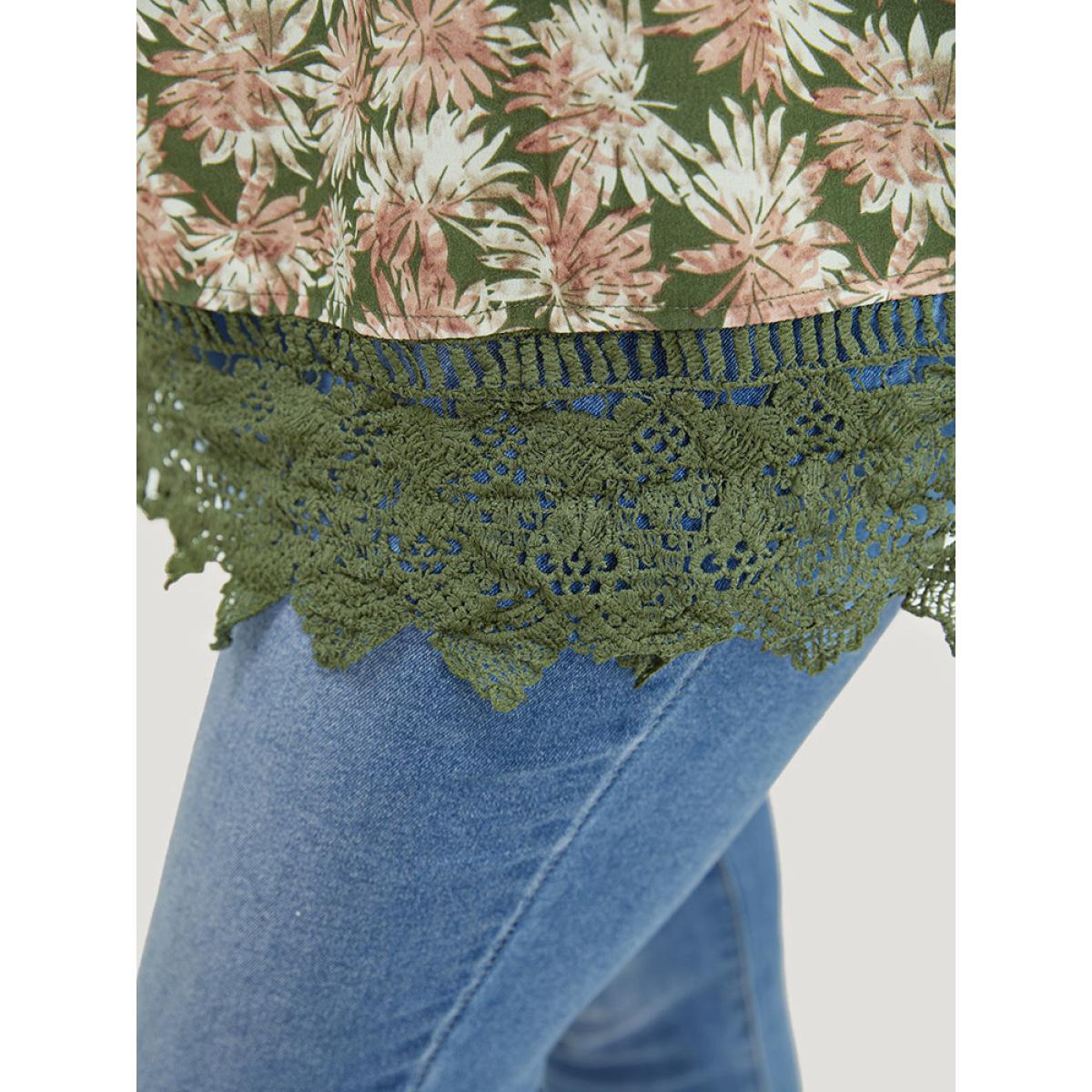 Plus Size Sage Plant Print Tiered Sleeve Lace Hem Blouse Women Vacation Short sleeve Round Neck Dailywear Blouses BloomChic 22-24/3X Product Image