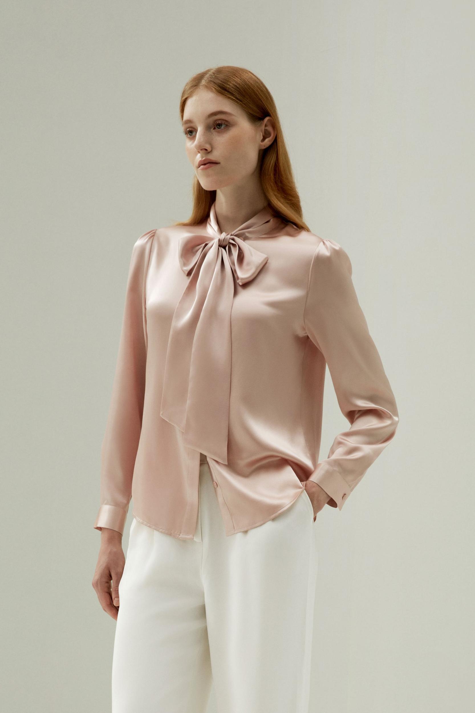 Women Bow-tie Neck Silk Blouse Product Image