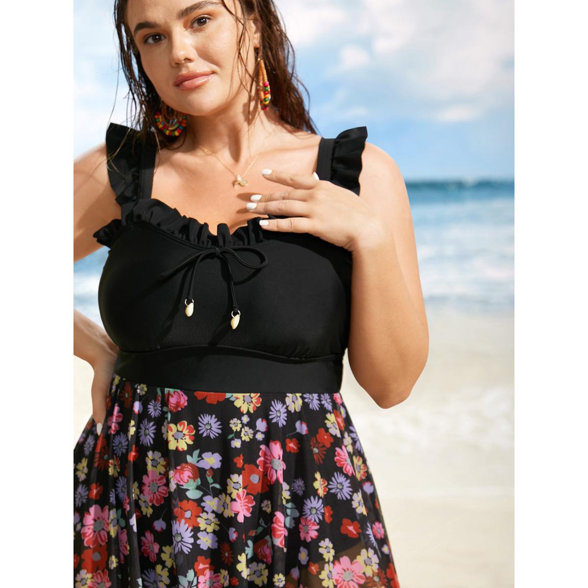 Plus Size Floral Mesh Patchwork Ruffles Tie Knot Swim Dress Women's Swimwear Black Beach Bodycon Heart neckline High stretch Curve Swim Dresses BloomChic 26/4X Product Image