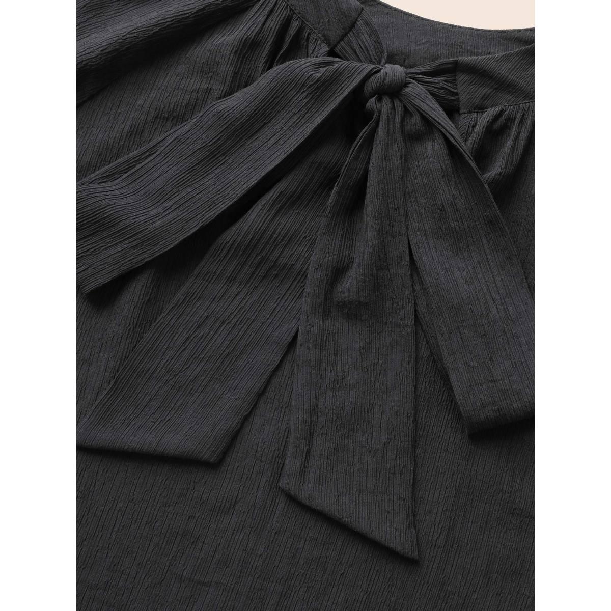 Plus Size Black Textured Ribbon Collar Blouse Women At the Office Long Sleeve Ribbon-tied collar Office Blouses BloomChic 30/6X Product Image