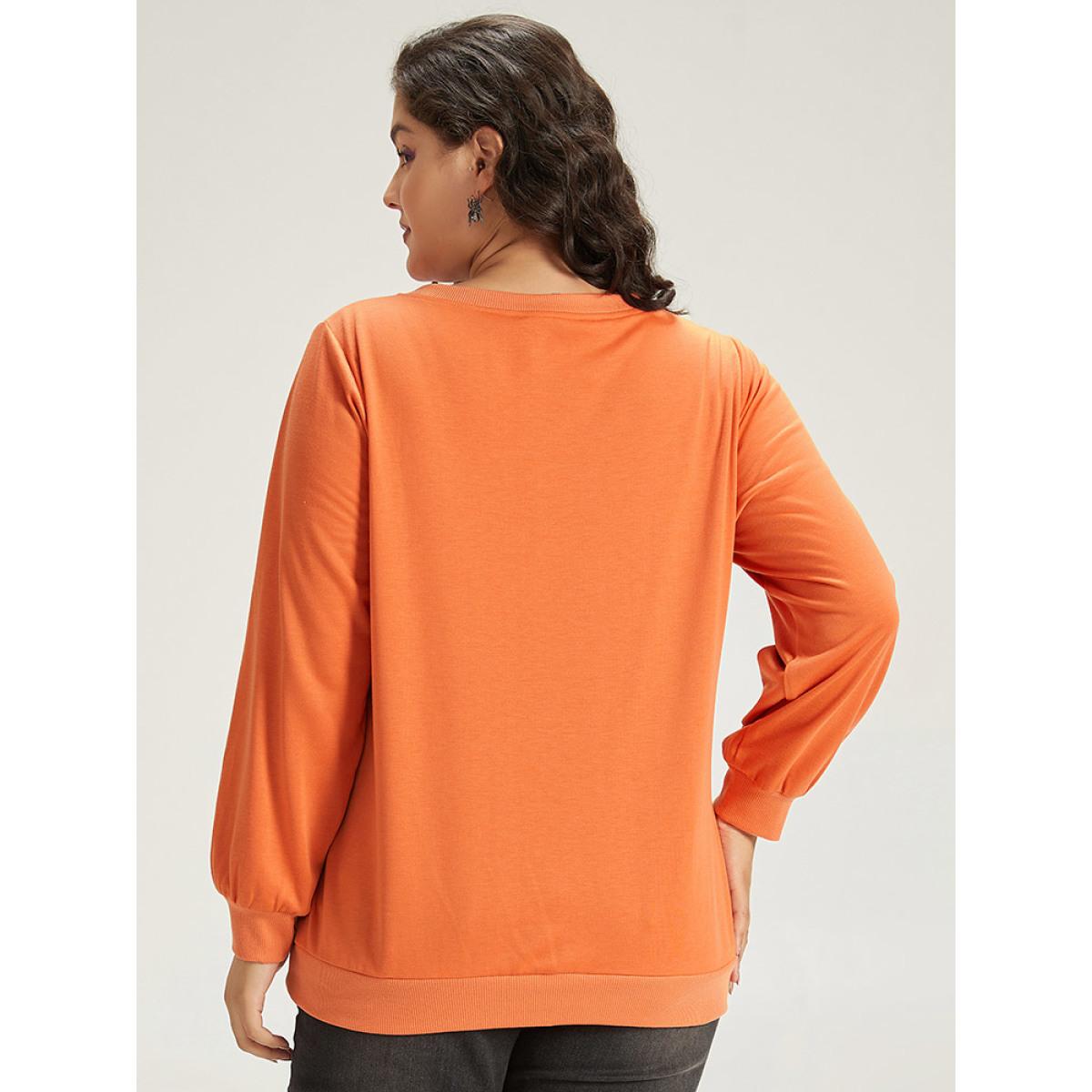 Plus Size Halloween Pumpkin Crew Neck Elastic Cuffs Sweatshirt Women Coral Casual Elastic cuffs Festival-Halloween Sweatshirts BloomChic 28/5X Product Image
