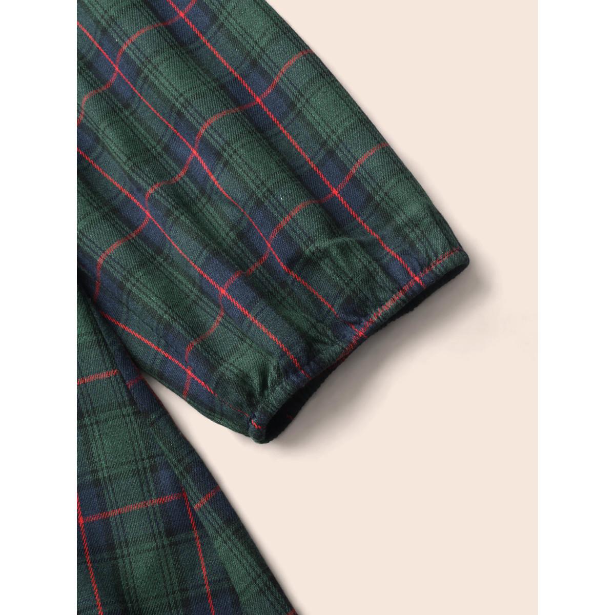 Plus Size DarkGreen Plaid Button Detail Lantern Sleeve Blouse Women Elegant Elbow-length sleeve V-neck Everyday Blouses BloomChic 28/5X Product Image