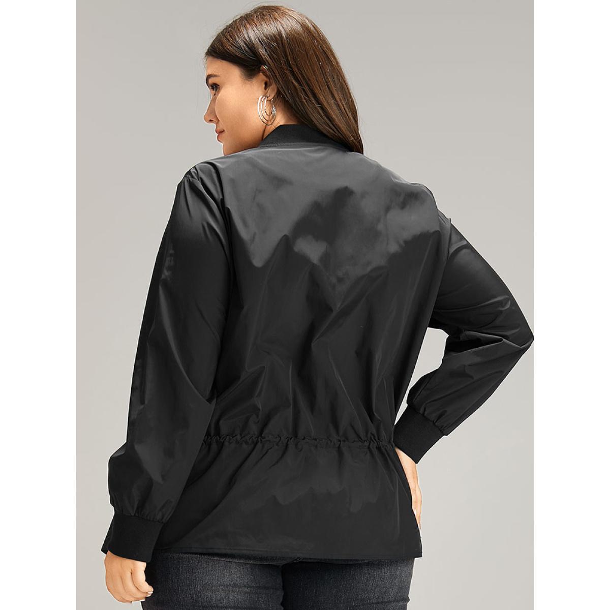 Plus Size Wind-Resistant Zipper Fly Drawstring Jacket Women Black Plain Pocket Dailywear Jackets BloomChic 12/L Product Image