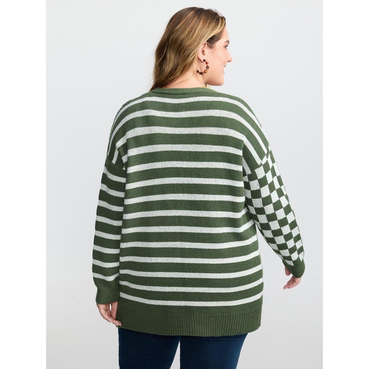 Plus Size Supersoft Stripe Checkered Pockets Knit Cardigan ArmyGreen Women Leisure Loose Long Sleeve Casual Cardigans BloomChic 28/5X Product Image