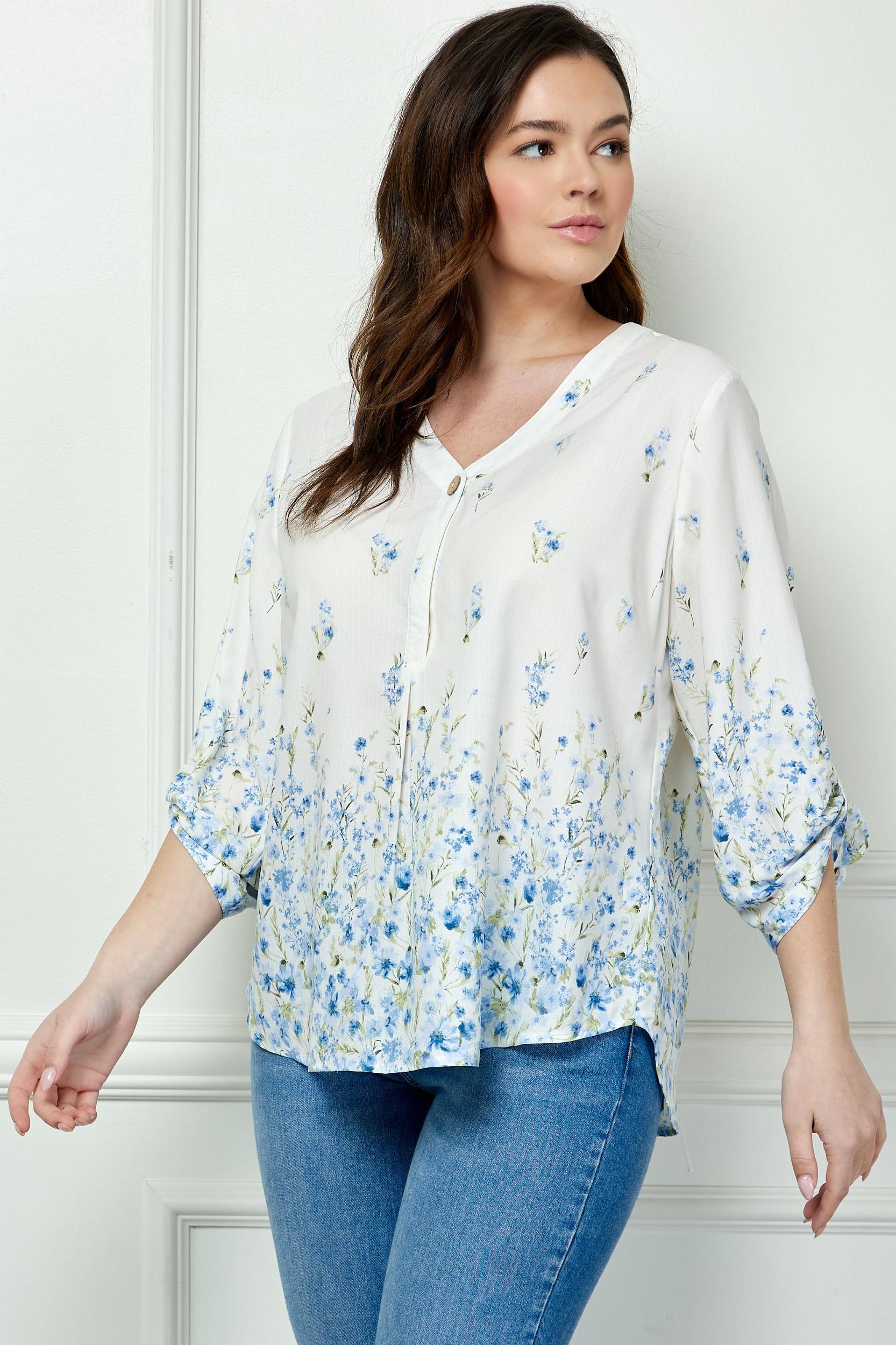 Blue Floral 3/4 Button Tab Sleeve Big Button V-Neck Border Print Blouse - Plus Product Image